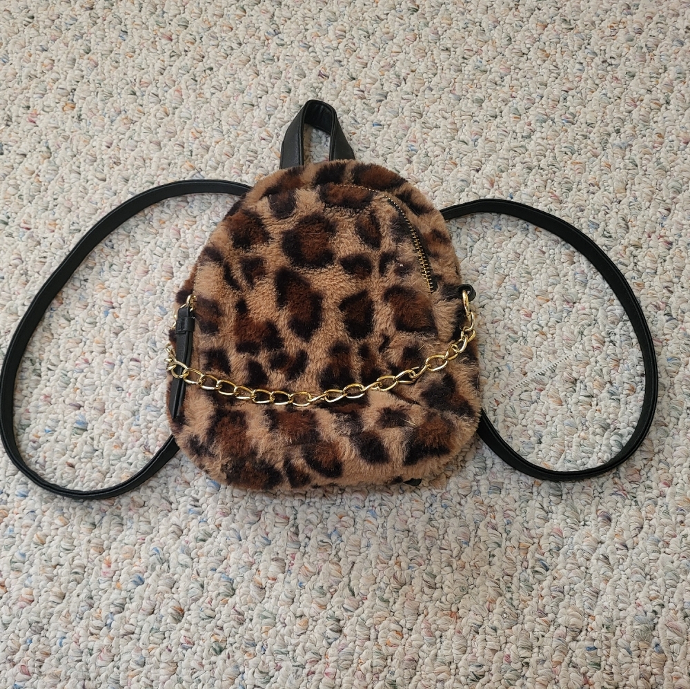 Leopard Print Faux Fur Backpack with Gold Chain